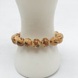 Vintage Wooden Beaded Bracelet Floral with Chinese Lettering Adjustable Cord